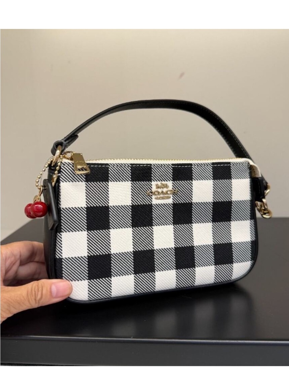 New Coach Black and White Gingham Nolita 19 Bag with Cherry Charm - Picture 8 of 10